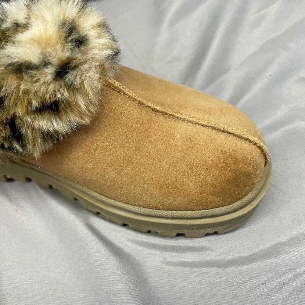 Skechers Kids Leopard Faux Fur Platform Mules Tan Suede Lug Sole 46064 Size 5.5